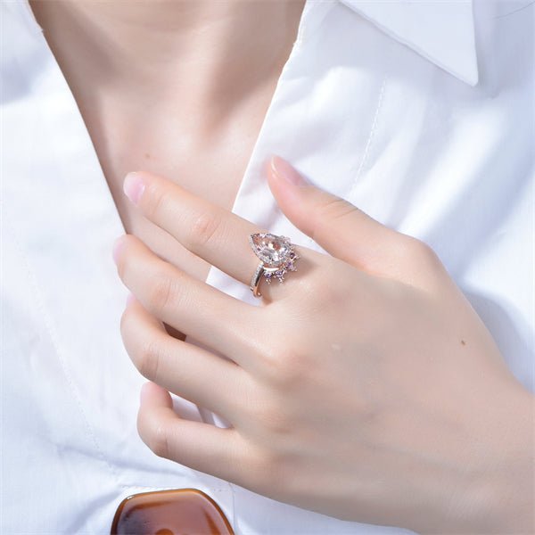 Pear Morganite Diamond Halo Bridal Set with Amethyst Tiara Ring - Lord of Gem Rings