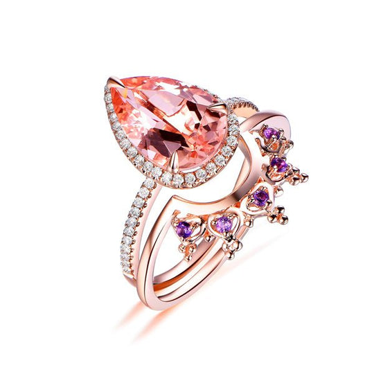 3ct Pear Morganite Halo Tiara Bridal Set 14K Gold