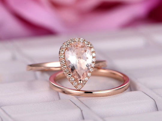 Pear Morganite Diamond Halo Ring Plain Gold Band Briadal Set