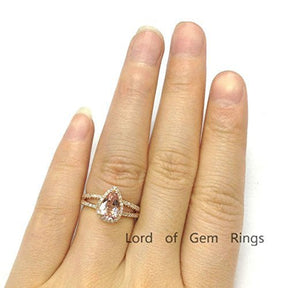 Pear Morganite Diamond Halo Split Shank Engagement Ring 14K Rose Gold - Lord of Gem Rings