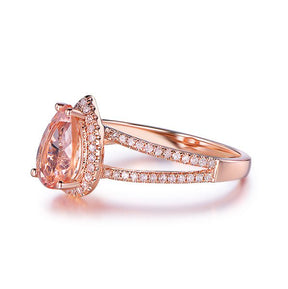 Pear Morganite Diamond Halo Split Shank Engagement Ring 14K Rose Gold - Lord of Gem Rings