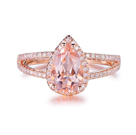 Pear Morganite Diamond Halo Split Shank Engagement Ring 14K Rose Gold