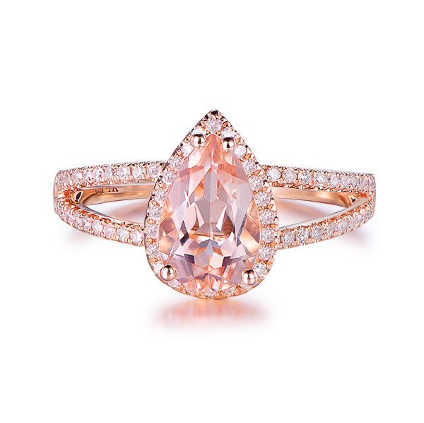 Pear Morganite Diamond Halo Split Shank Engagement Ring 14K Rose Gold - Lord of Gem Rings