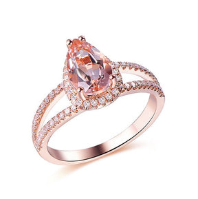 Pear Morganite Diamond Halo Split Shank Engagement Ring 14K Rose Gold - Lord of Gem Rings