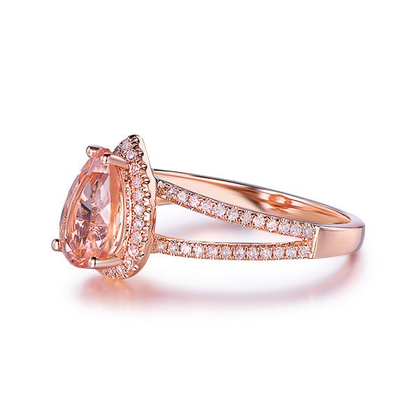Pear Morganite Diamond Halo Split Shank Engagement Ring 14K Rose Gold - Lord of Gem Rings