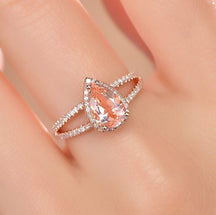 Pear Morganite Engagement Ring Pave Diamond Wedding 14K Rose Gold