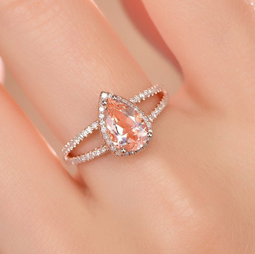Pear Morganite Engagement Ring Pave Diamond Wedding 14K Rose Gold
