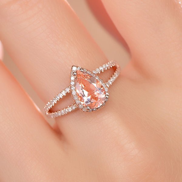 Pear Morganite Diamond Halo Split Shank Engagement Ring 14K Rose Gold - Lord of Gem Rings