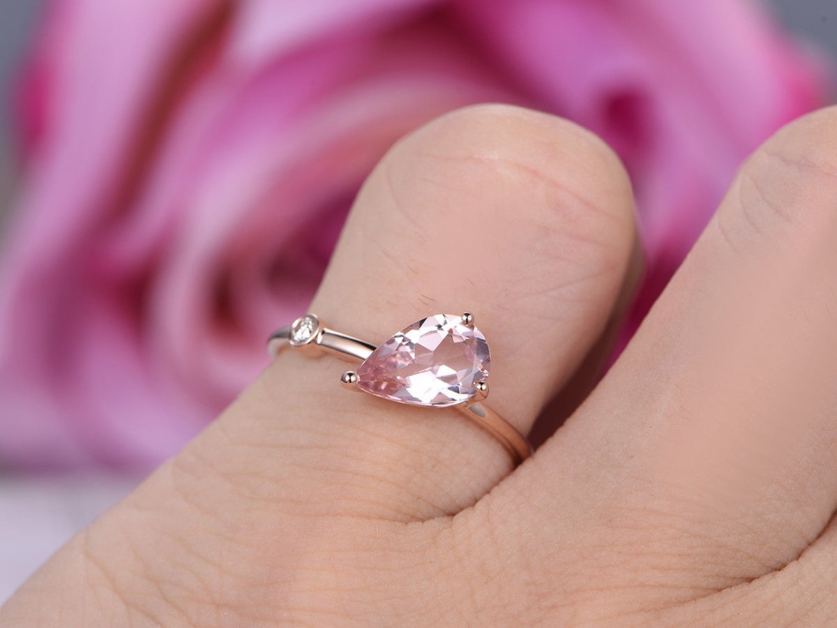Pear Morganite Diamond Ring 14K Rose Gold - Lord of Gem Rings