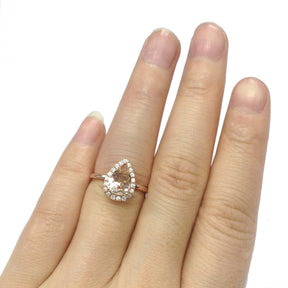 Pear Morganite Engagement Ring Moissanite Halo 14K Rose Gold - Lord of Gem Rings