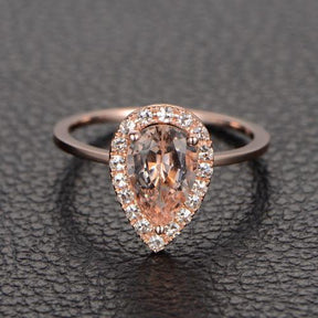 Pear Morganite Engagement Ring Moissanite Halo 14K Rose Gold - Lord of Gem Rings