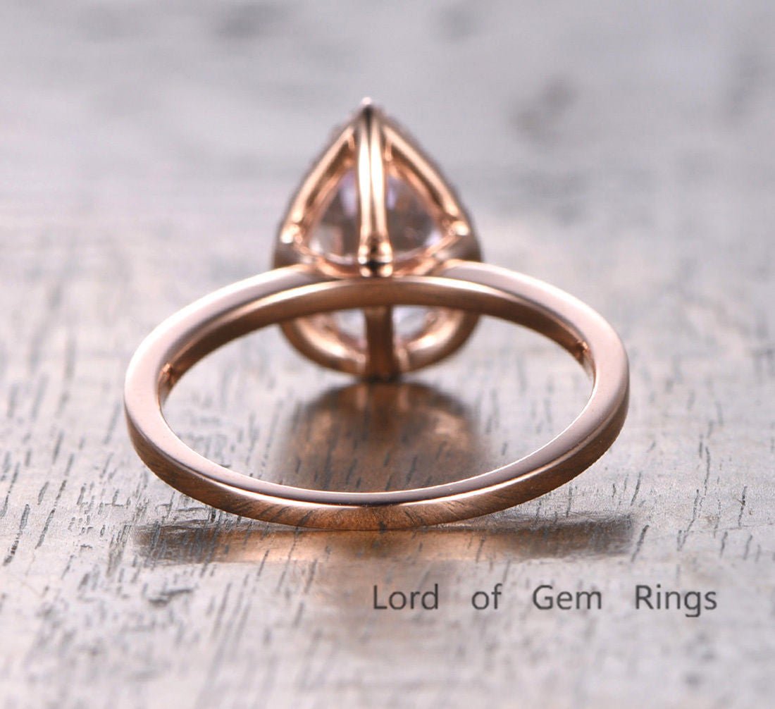 Pear Morganite Engagement Ring Pave Diamond Halo 14K Rose Gold - Lord of Gem Rings