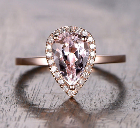 Pear Morganite Engagement Ring Pave Diamond Halo 14K Rose Gold