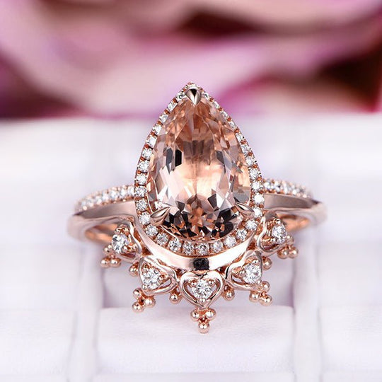 3ct Pear Morganite Ring Tiara Wedding Bridal Set 14K Gold