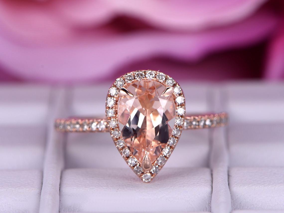 Pear Morganite Ring Accents Diamond Halo 14K Gold - Lord of Gem Rings