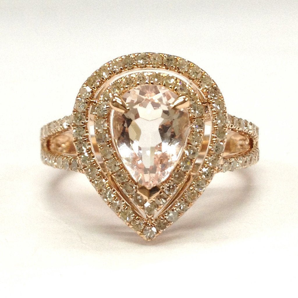 Pear Morganite Ring Double Diamond Halo Split Shank 14K Gold - Lord of Gem Rings