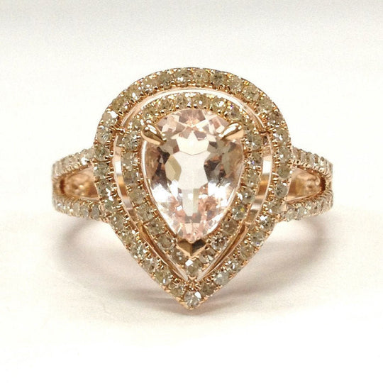 Pear Morganite Ring Double Diamond Halo Split Shank 14K Gold