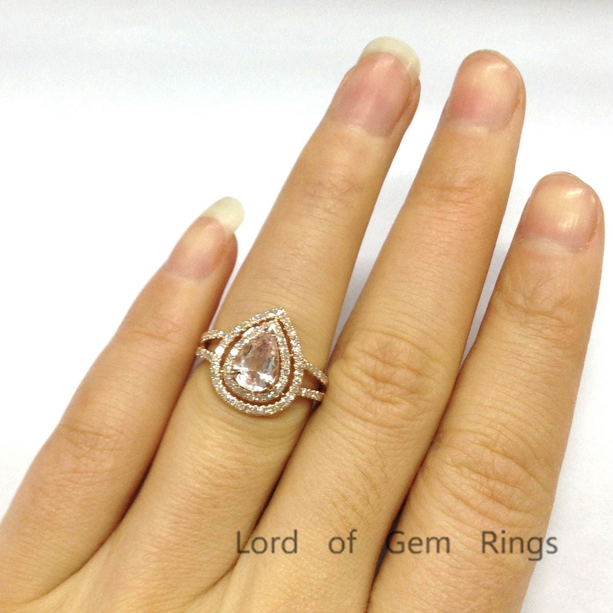 Pear Morganite Ring Double Diamond Halo Split Shank 14K Gold - Lord of Gem Rings