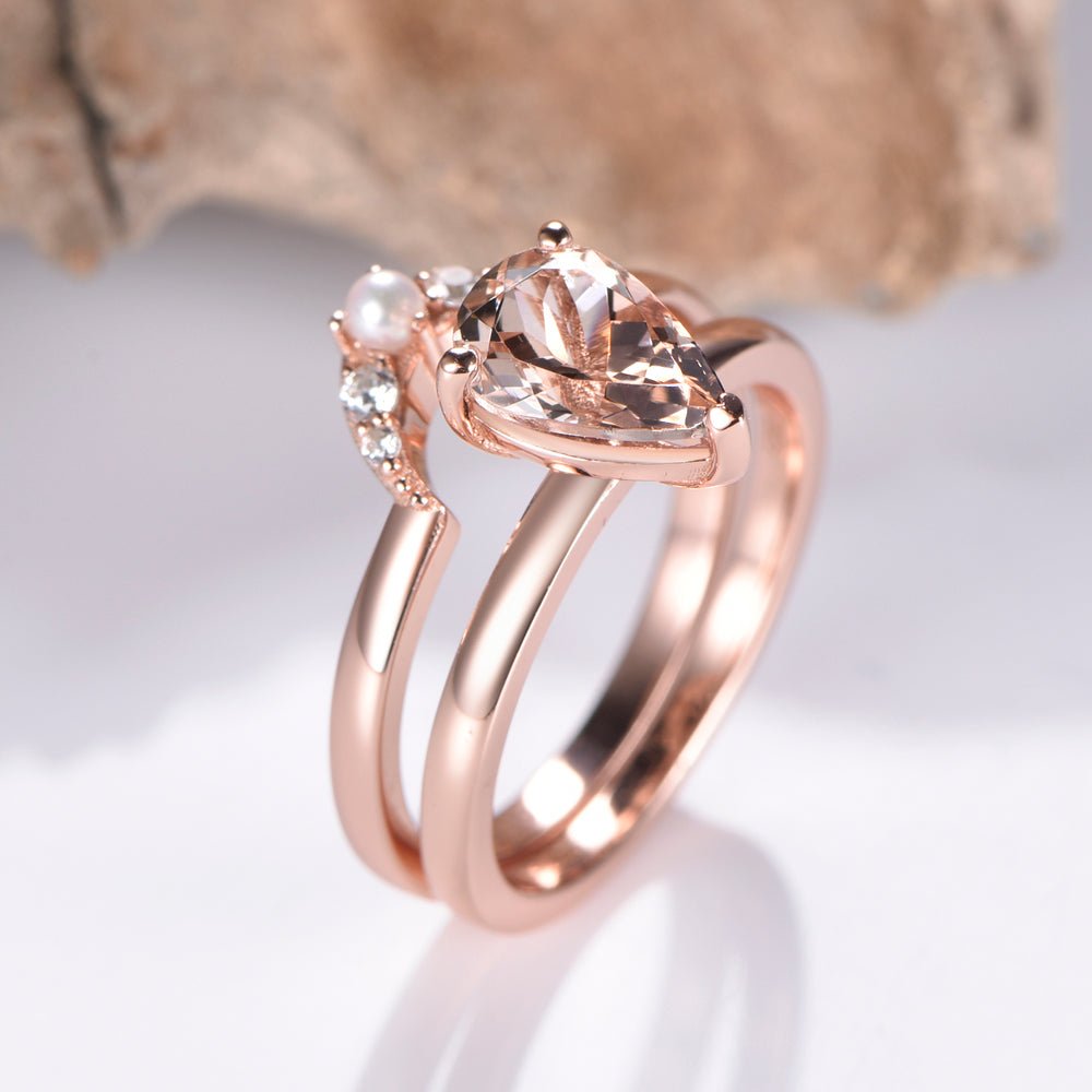 Pear Morganite Ring Pearl Crescent Diamond Bridal Set - Lord of Gem Rings