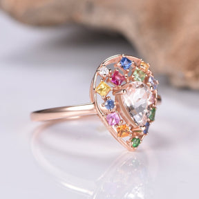 Pear morganite Ring Sapphire Floral Wreath Halo 14K Gold - Lord of Gem Rings