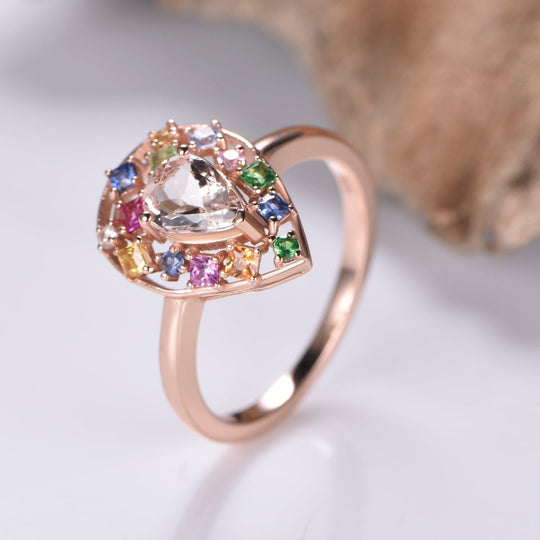 1.2ct Pear morganite Ring Sapphire Floral Wreath Halo 14K Gold