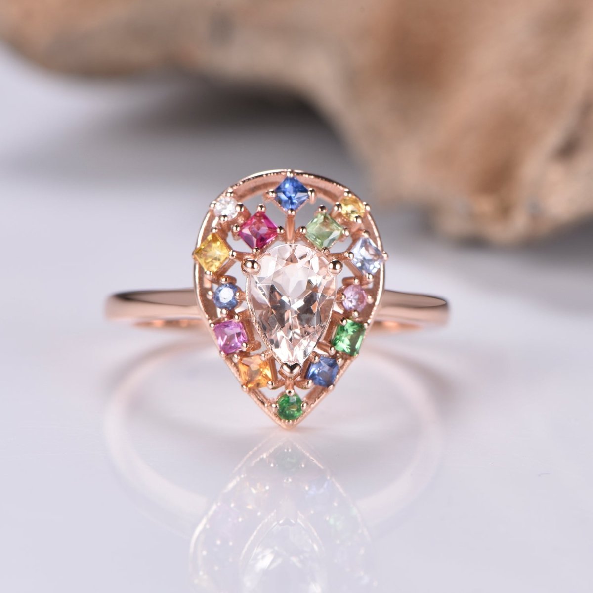 Pear morganite Ring Sapphire Floral Wreath Halo 14K Gold - Lord of Gem Rings