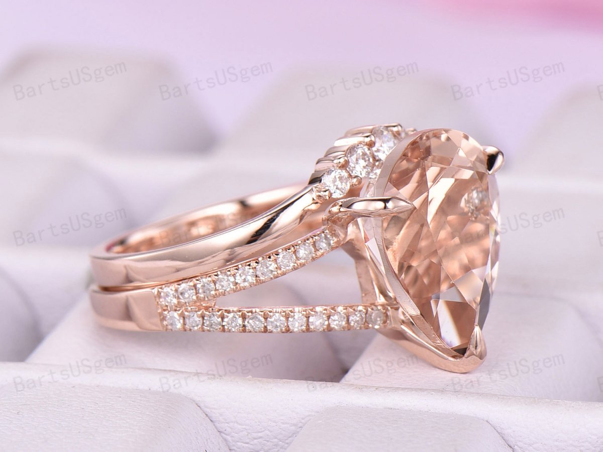 Pear Morganite Split Shank Crescent Diamond Bridal Set - Lord of Gem Rings