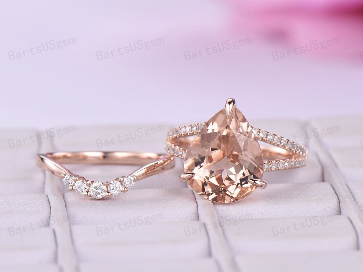 Pear Morganite Split Shank Crescent Diamond Bridal Set - Lord of Gem Rings