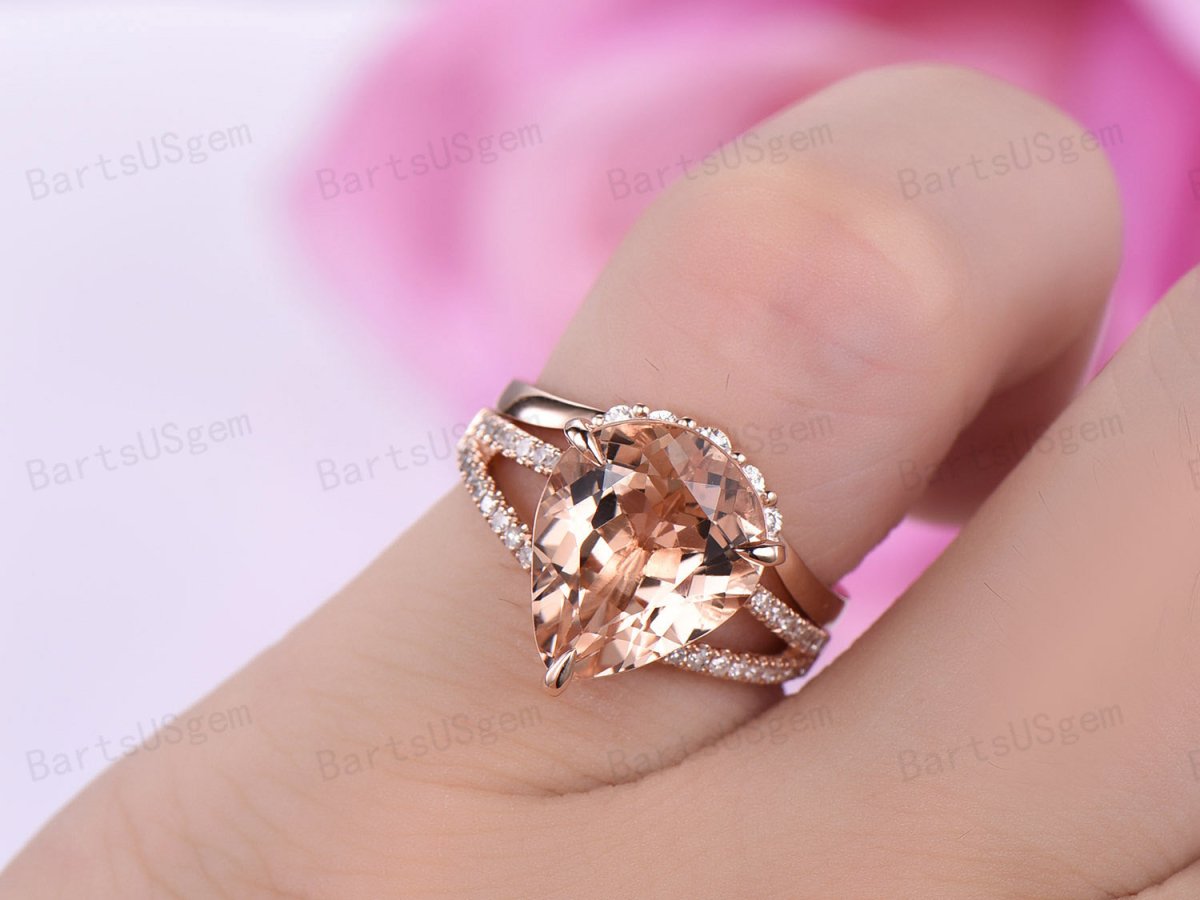 Pear Morganite Split Shank Crescent Diamond Bridal Set - Lord of Gem Rings