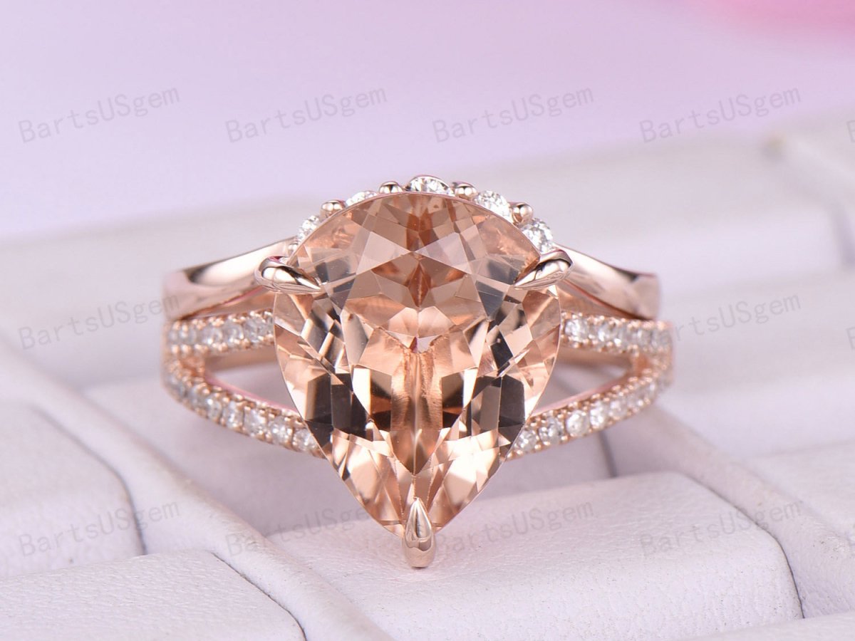 Pear Morganite Split Shank Crescent Diamond Bridal Set - Lord of Gem Rings