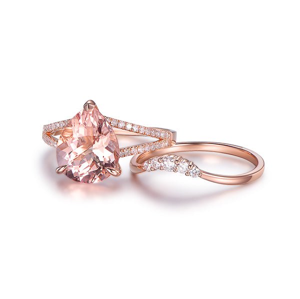 Pear Morganite Split Shank Crescent Diamond Bridal Set - Lord of Gem Rings