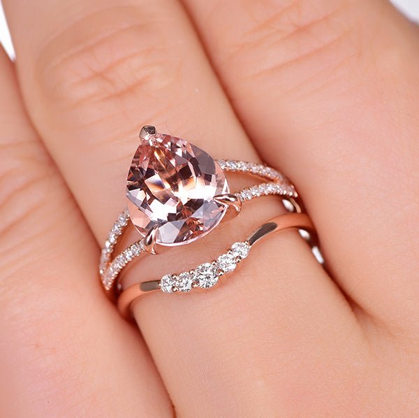 Pear Morganite Split Shank Crescent Diamond Bridal Set - Lord of Gem Rings