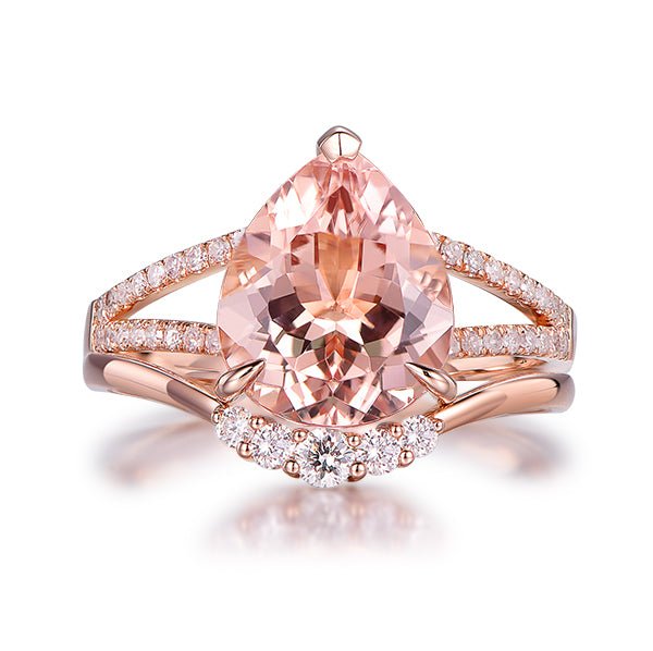 Pear Morganite Split Shank Crescent Diamond Bridal Set - Lord of Gem Rings