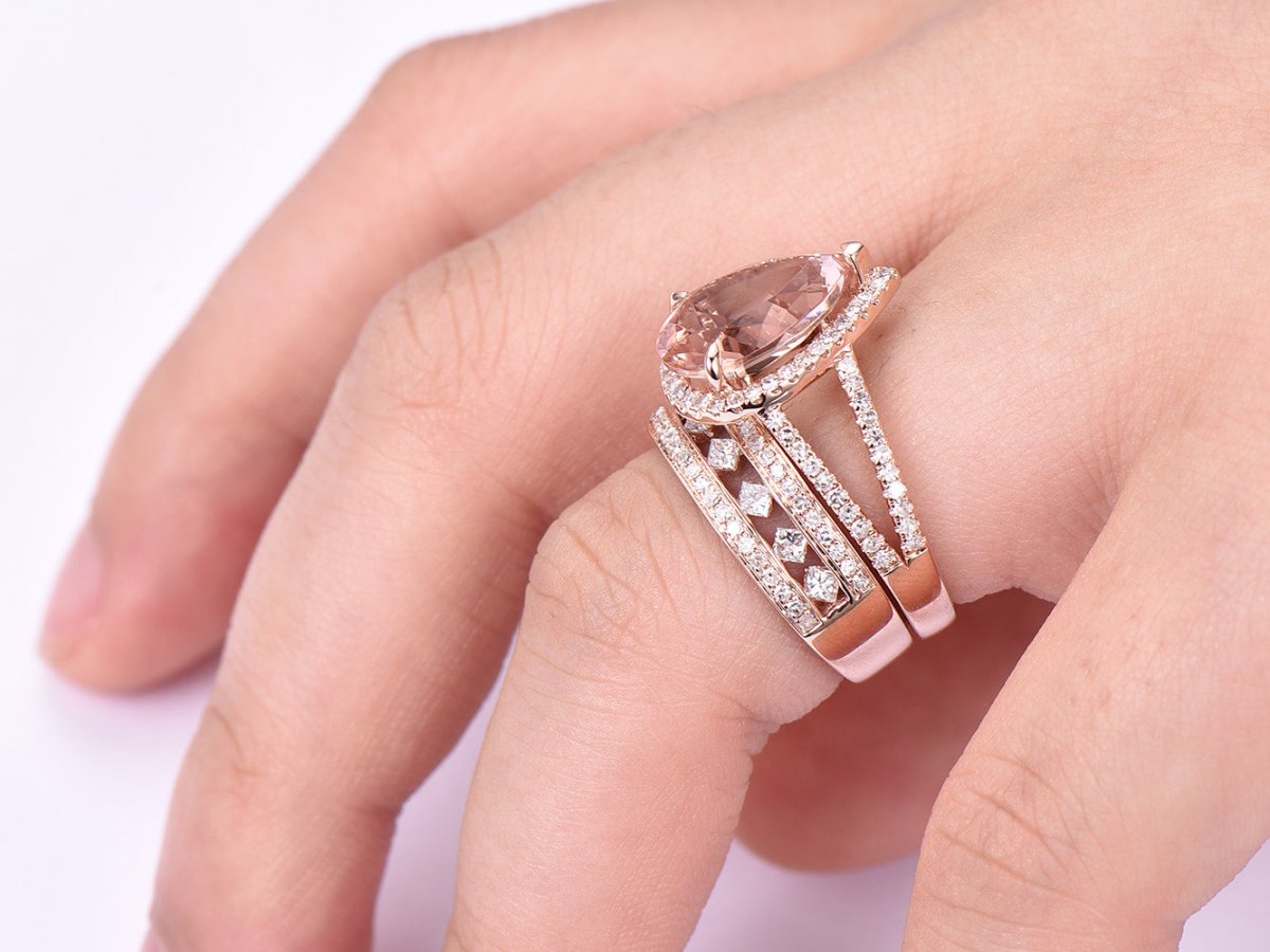 Pear Morganite Split Shank Princess Diamond Three Row Bridal Set - Lord of Gem Rings