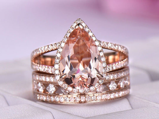 3ct Pear Morganite Split Shank Engagement Three Row Band Bridal Set