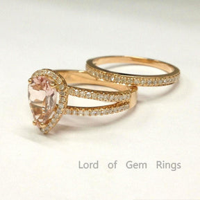 Pear Morganite Split Shank Ring Set with Diamond Accents - Lord of Gem Rings