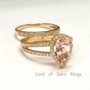 Pear Morganite Split Shank Ring Set with Diamond Accents - Lord of Gem Rings