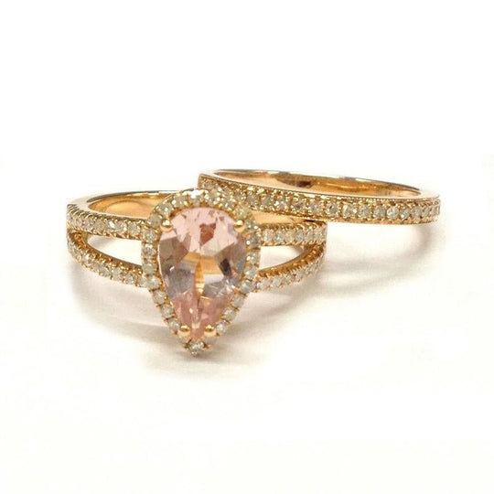 Pear Morganite Split Shank Ring Set with Diamond Accents