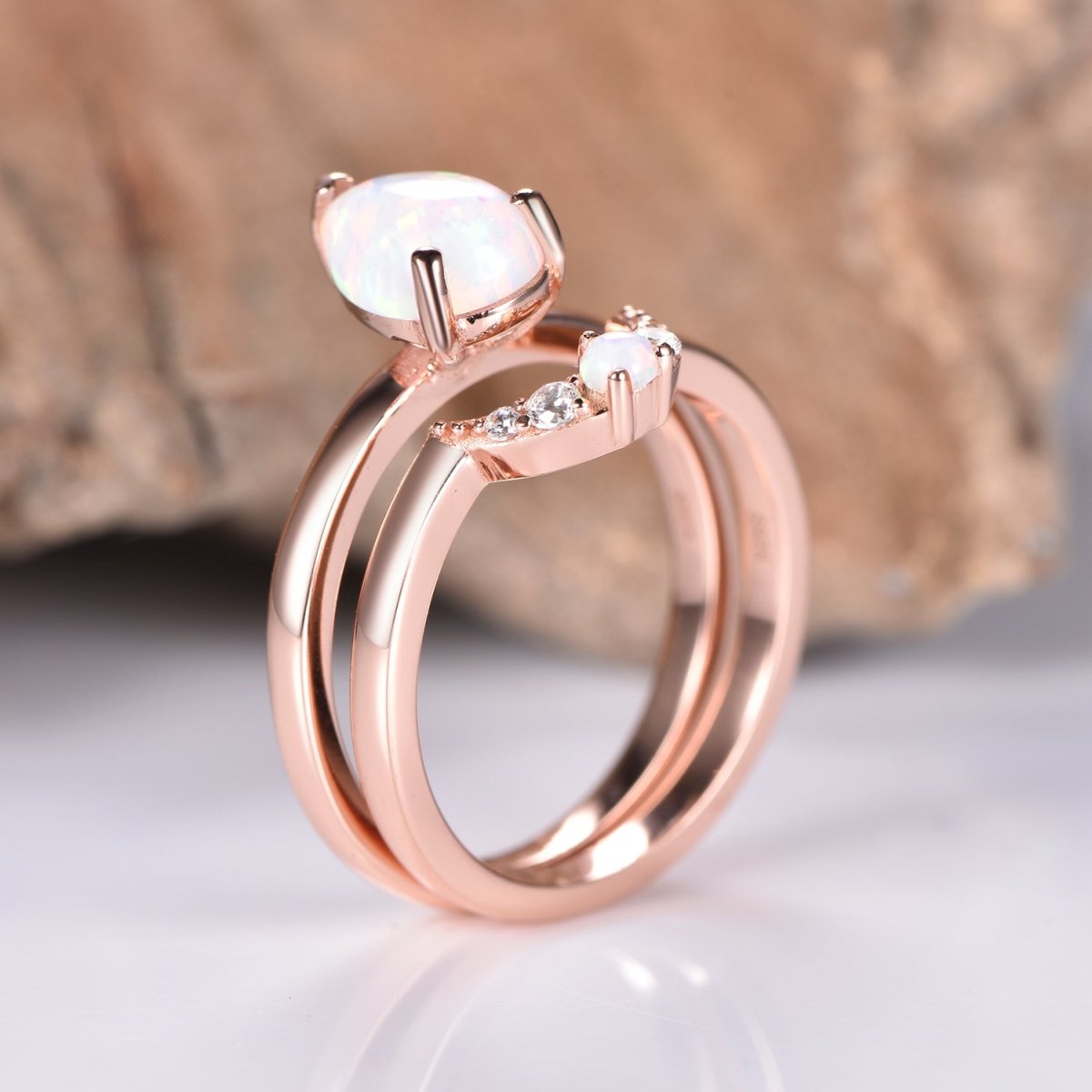 Pear Opal Moissanite Crescent Bridal Set 14K Rose Gold - Lord of Gem Rings