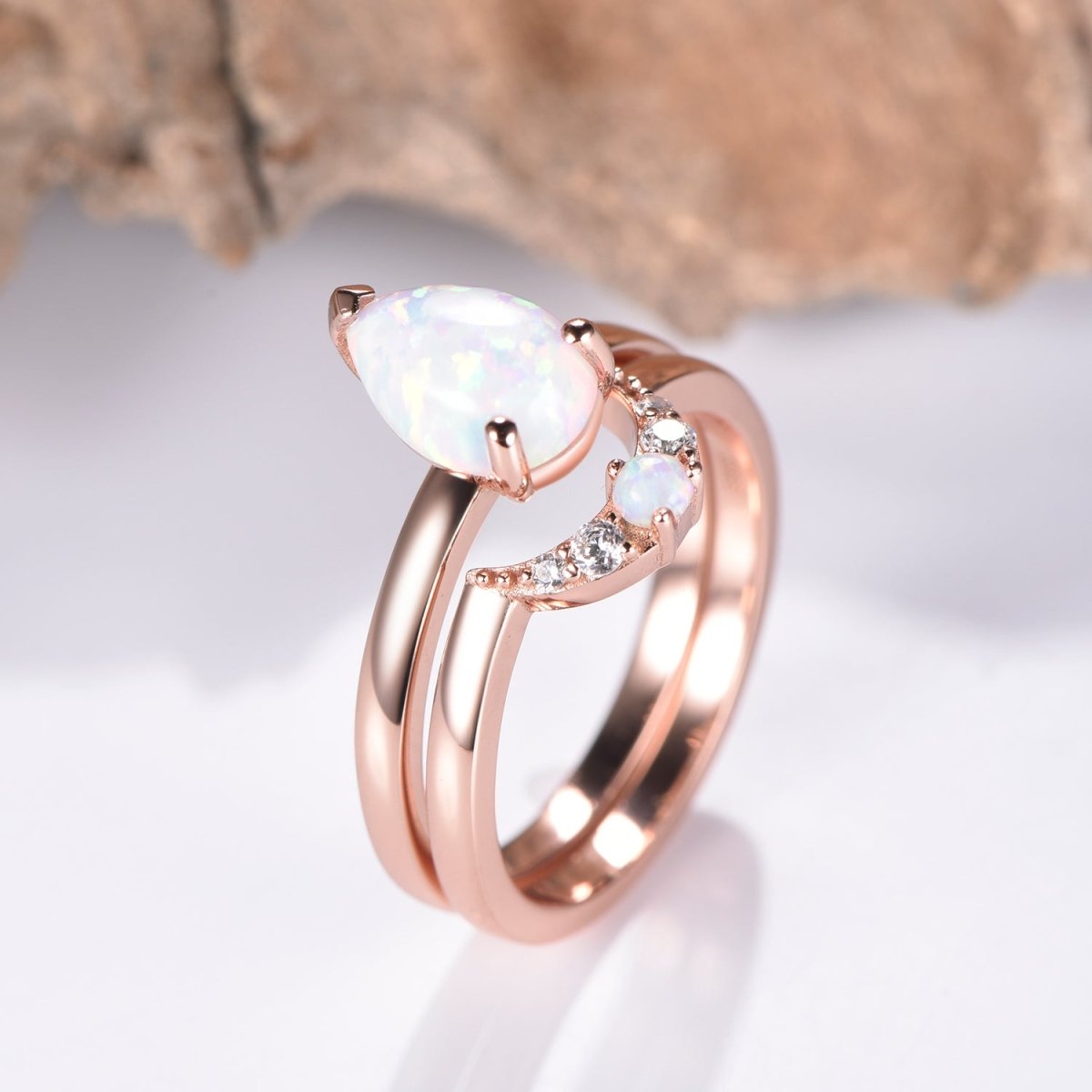 Pear Opal Moissanite Crescent Bridal Set 14K Rose Gold - Lord of Gem Rings