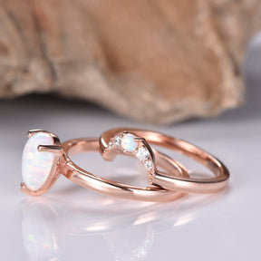 Pear Opal Moissanite Crescent Bridal Set 14K Rose Gold - Lord of Gem Rings