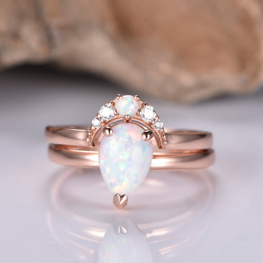 Pear Opal Moissanite Crescent Bridal Set 14K Rose Gold