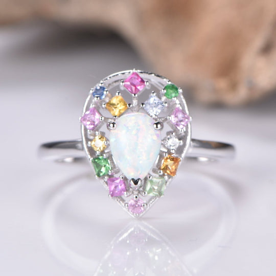 Pear Opal Ring Sapphire Floral Wreath Halo 14K Gold