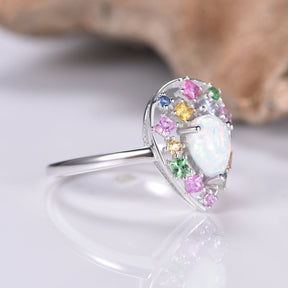 Pear Opal Ring Sapphire Floral Wreath Halo 14K Gold - Lord of Gem Rings