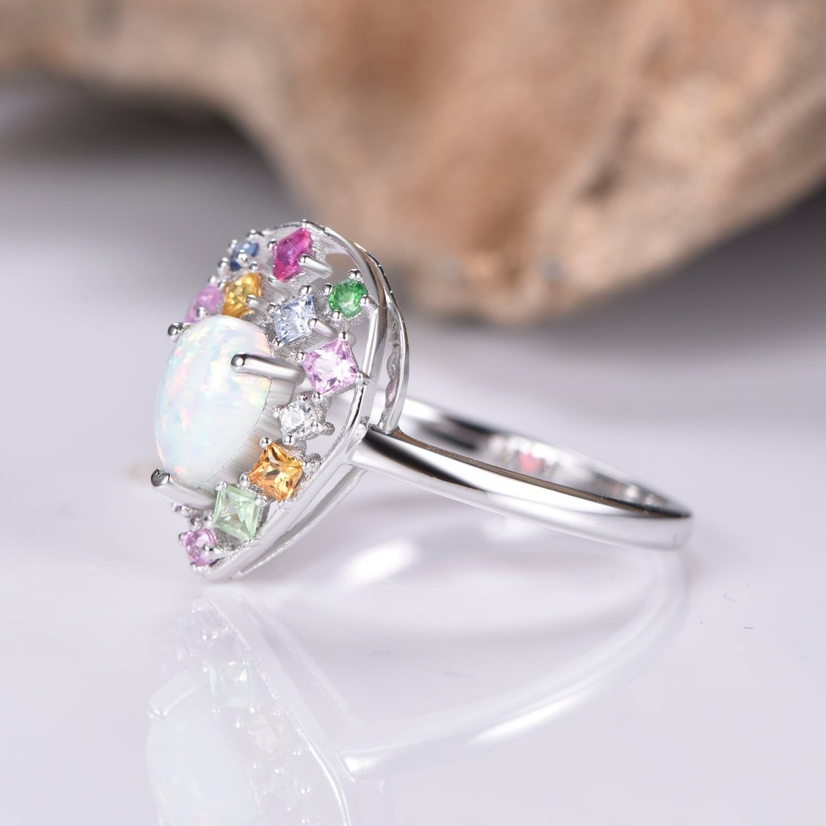 Pear Opal Ring Sapphire Floral Wreath Halo 14K Gold - Lord of Gem Rings