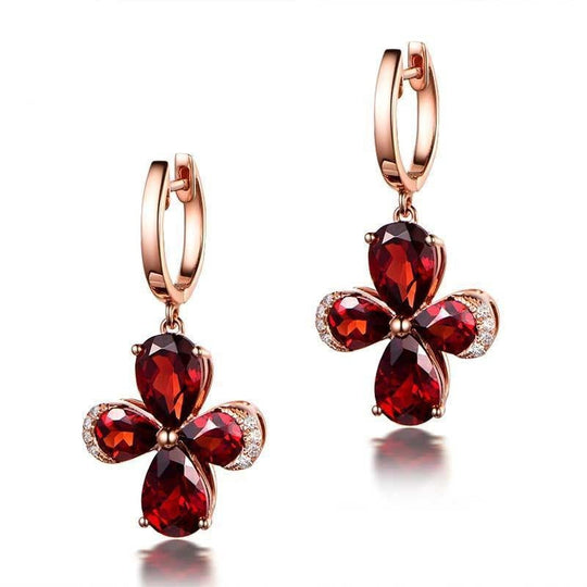 Pear Red Garnet Diamond Earrings 14K Rose Gold