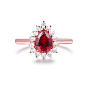 Pear Ruby Diana Moissanite Halo Ring 14K Rose Gold - Lord of Gem Rings