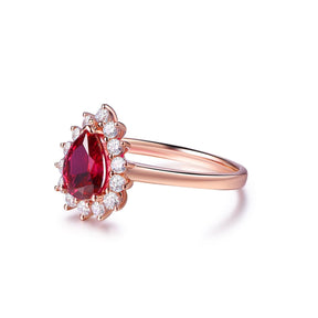 Pear Ruby Diana Moissanite Halo Ring 14K Rose Gold - Lord of Gem Rings