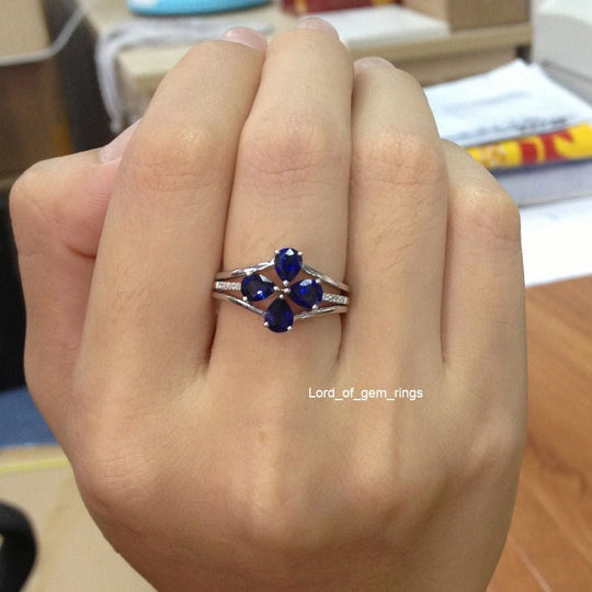 Pear Sapphire Diamond Flower Floral Trio Bridal Set 14K White Gold