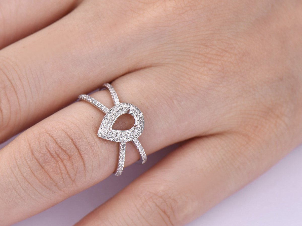 Pear Semi Mout Ring Diamond Double Halo X Band - Lord of Gem Rings